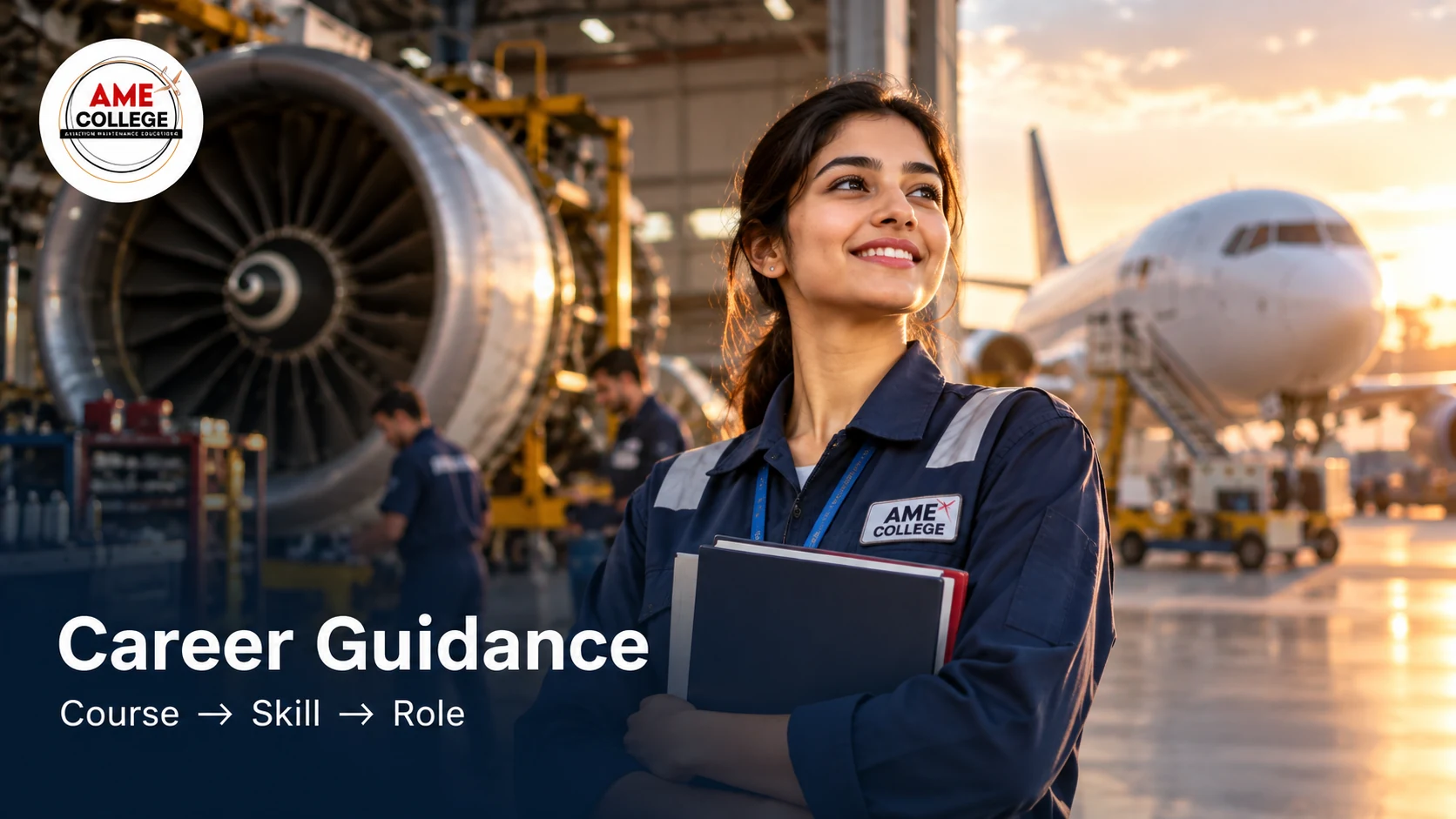 AME student with aircraft engine and career guidance
