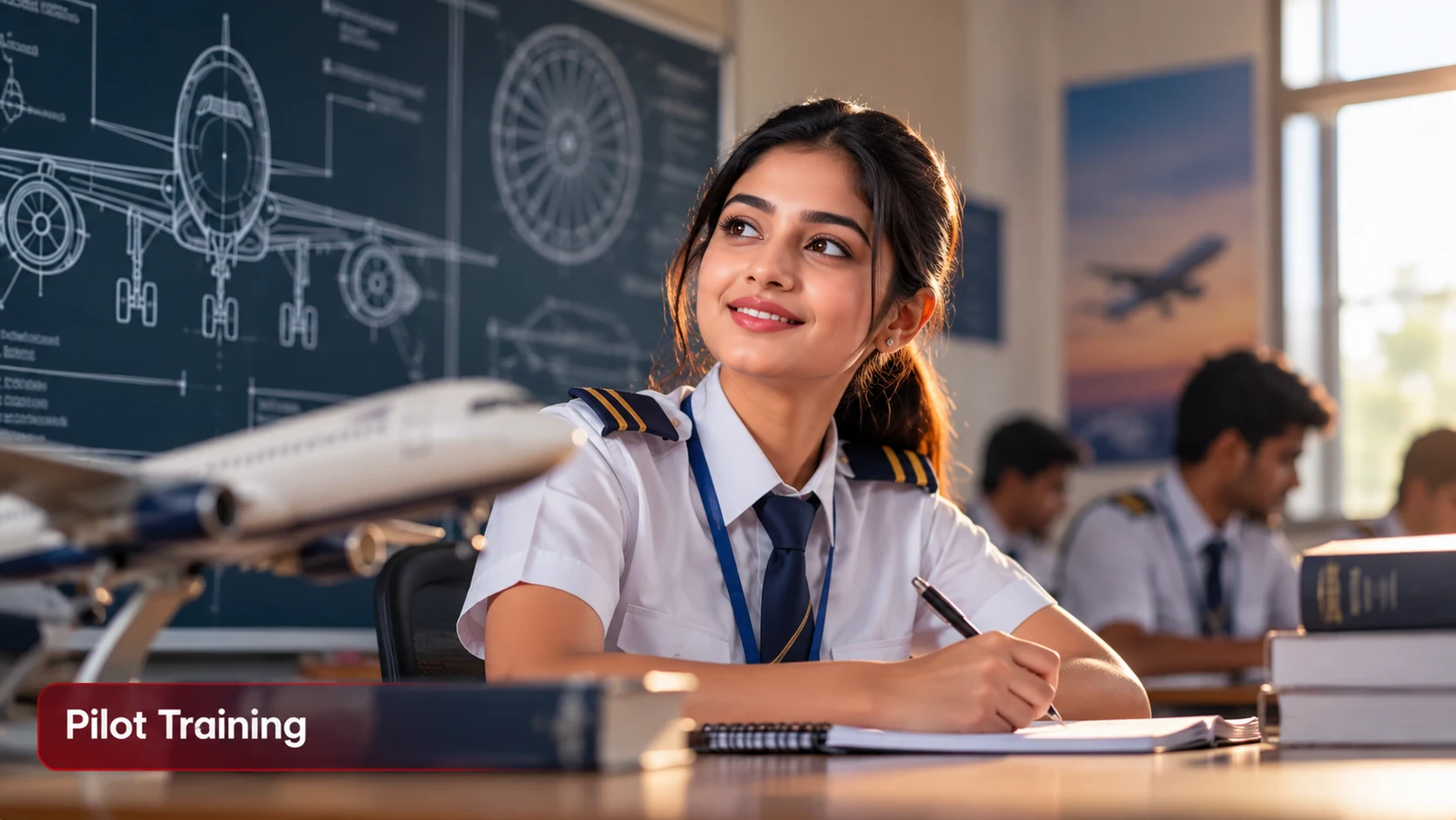 Pilot training student in an aviation classroom