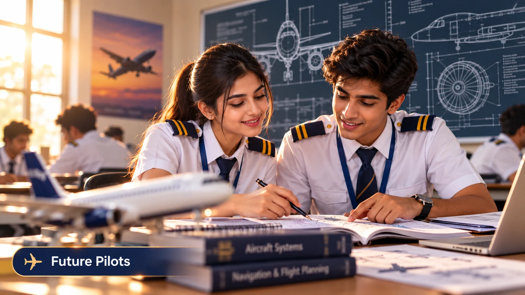 Future pilot students studying aviation systems and flight planning